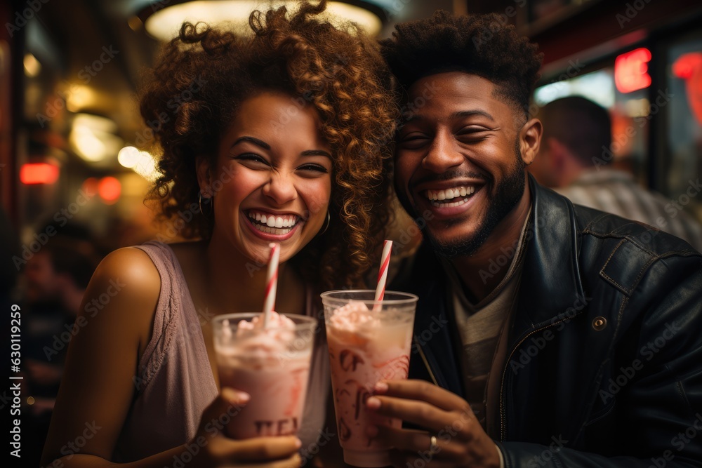 young couple drinking milkshakes in an American diner - people photography young couple drinking milkshakes in an American diner - people photography