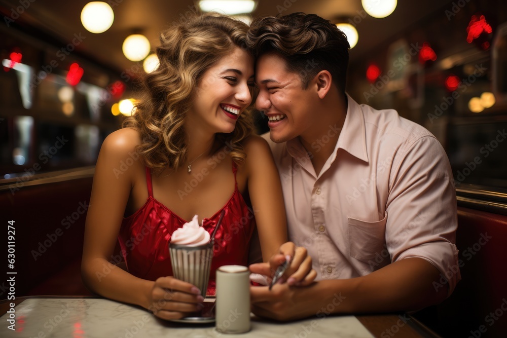 young couple eating ice cream in an American diner - people photography young couple eating ice cream in an American diner - people photography