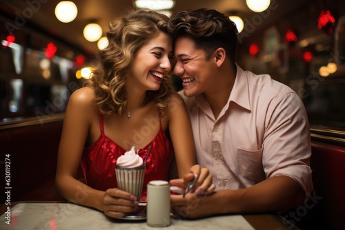 young couple eating ice cream in an American diner - people photography