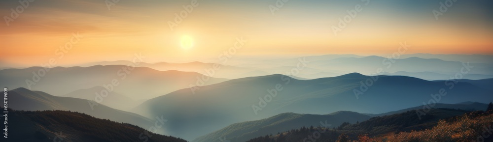 Fototapeta premium Panoramic view of colorful sunrise in mountains 