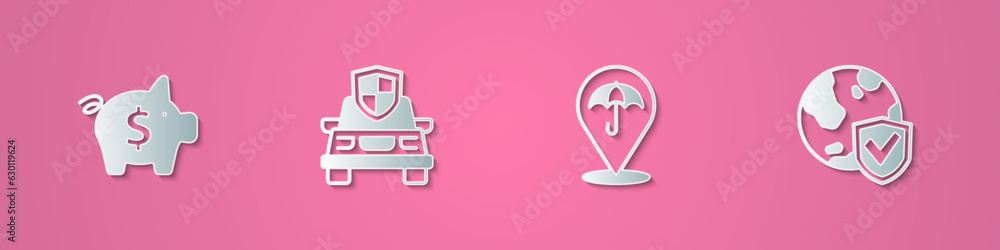 Set paper cut Piggy bank, Car insurance, Umbrella and Shield with world globe icon. Paper art style. Vector Set paper cut Piggy bank, Car insurance, Umbrella and Shield with world globe icon. Paper art style. Vector