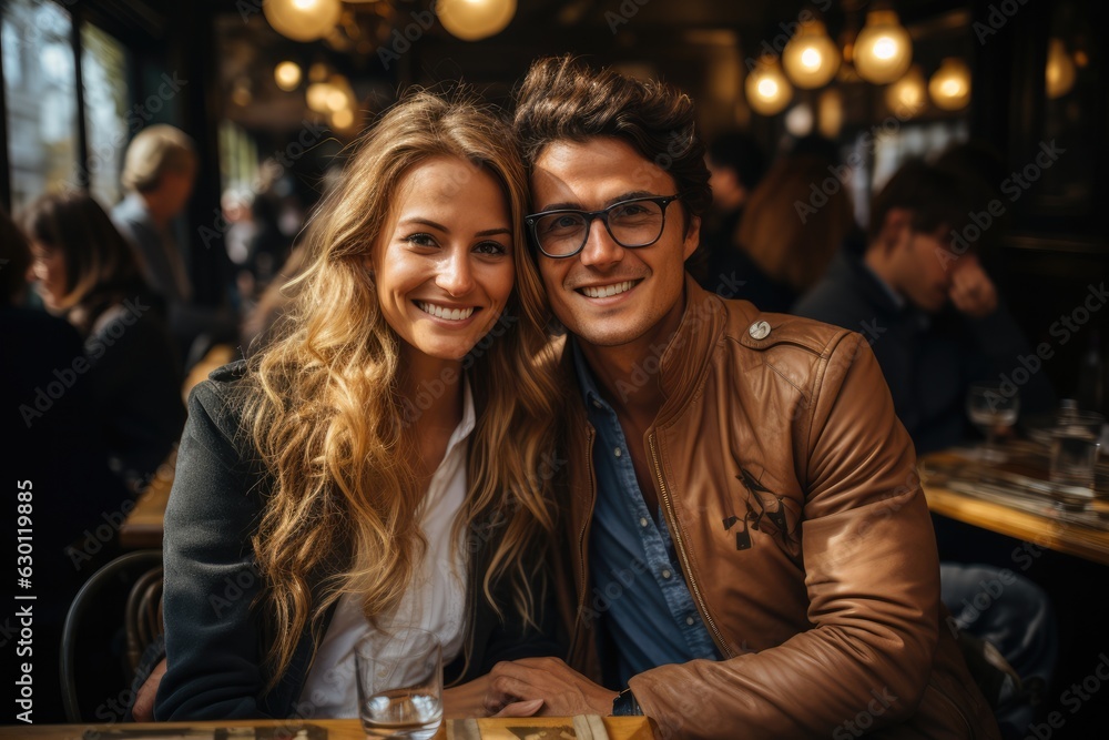young couple sitting in a street cafe in Paris  - people photography