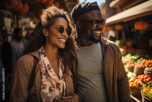 young couple shopping at a street market - people photography