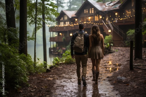 Young couple walking to a cabin - people photography
