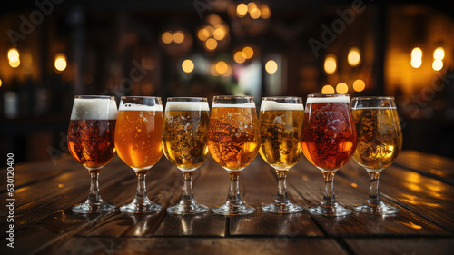 portrait photograph of Draft beer in glasses on the bar stand in a row, the background of the blur bar wide angle lens realistic lighting white generative ai