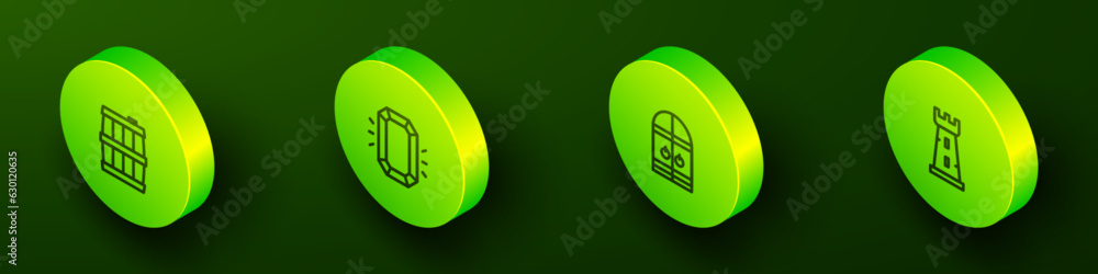 Set Isometric line Wooden barrel, Diamond, Medieval castle gate and Castle tower icon. Vector Set Isometric line Wooden barrel, Diamond, Medieval castle gate and Castle tower icon. Vector