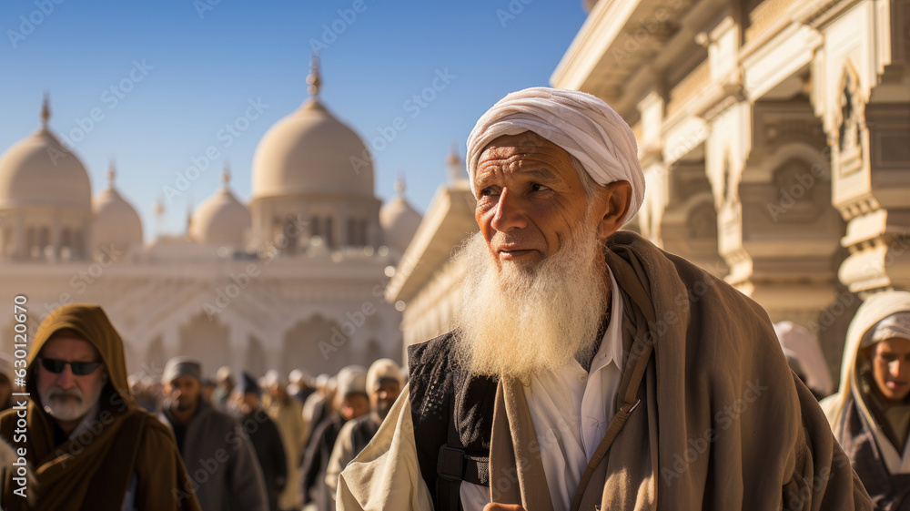 portrait photograph of people in makka haj wide angle lens daylight white generative ai