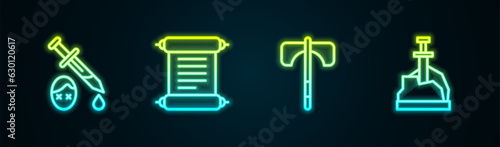 Set line Sword with blood, Decree, parchment, scroll, Medieval axe and in the stone. Glowing neon icon. Vector