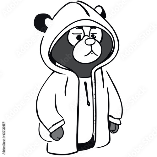 rapper grizzly bear with hoodie on, vector illustration doodle line art