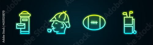 Set line London mail box, Sherlock Holmes, Rugby ball and Golf bag with clubs. Glowing neon icon. Vector