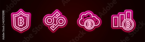 Set line Shield with bitcoin, Cryptocurrency key, cloud mining and Pie chart infographic. Glowing neon icon. Vector