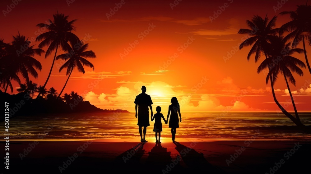 silhouette of a happy family holding hands against the backdrop of sunset and palm trees. 