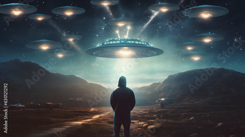 Photo Back view of man looking at alien invasion, UFO flying in the sky, concept of ev