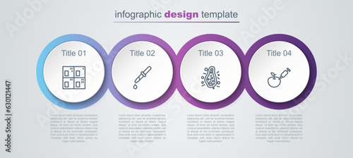 Set line Periodic table, Pipette, Bacteria and Genetically modified apple. Business infographic template. Vector