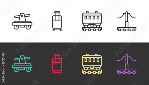 Set line Draisine or handcar, Suitcase, Passenger train cars and Railway on black and white. Vector