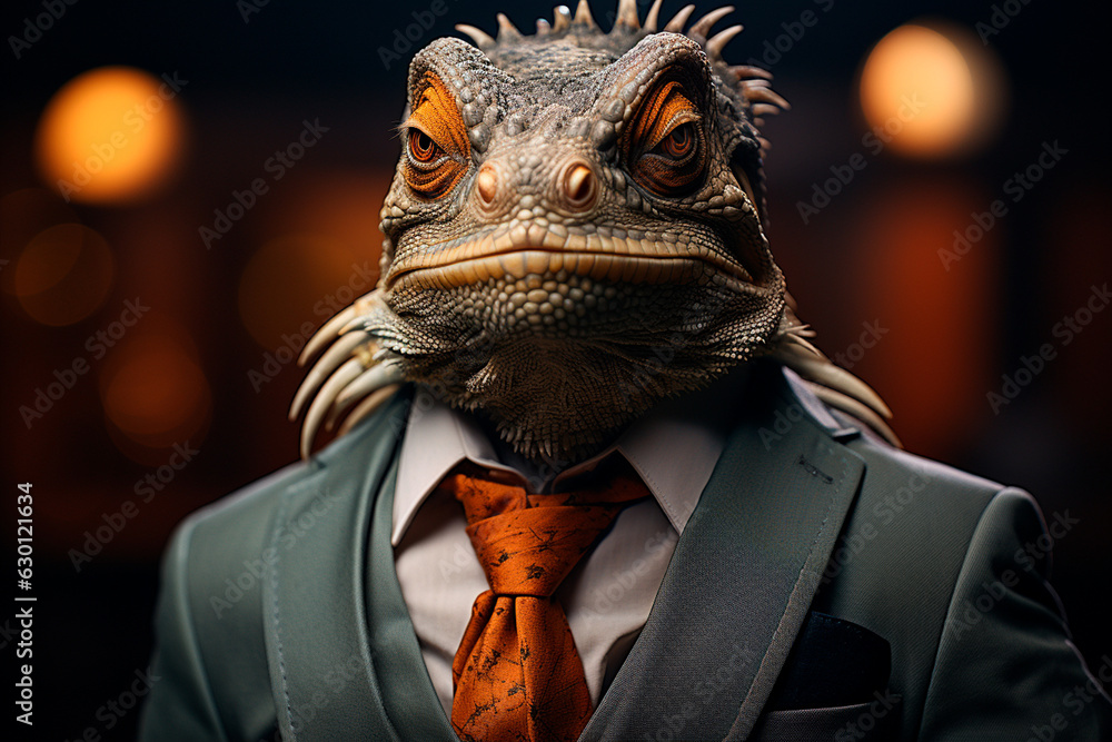 closeup of male iguana with leather jacket, orange, black and black background,Generative AI closeup of male iguana with leather jacket, orange, black and black background,Generative AI