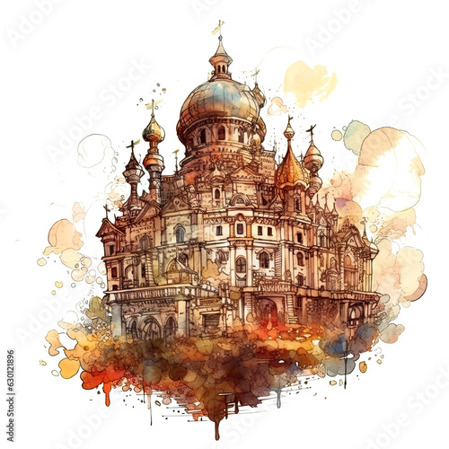 Colorful castles in a watercolor style isolated on a transparent background. Fairytale historical castle. Watercolor castle illustration. Ideal for postcard, advertisement, book, poster, banner,.