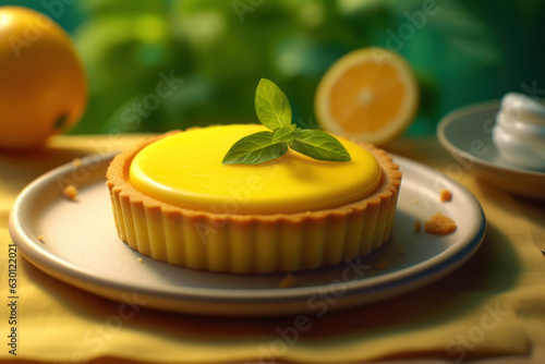 close-up lemon tart with a piece of lemon or mint leaf on a serving plate