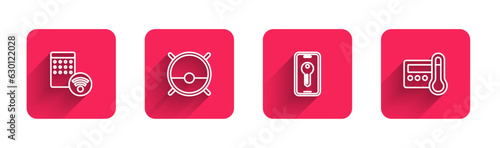 Set line Air humidifier, Robot vacuum cleaner, Smart key and Thermostat with long shadow. Red square button. Vector