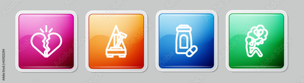 Set line Broken heart or divorce, Metronome with pendulum, Sedative pills and . Colorful square button. Vector Set line Broken heart or divorce, Metronome with pendulum, Sedative pills and . Colorful square button. Vector