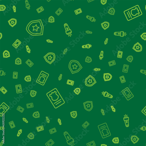 Set line Police badge, with id case and Flashlight on seamless pattern. Vector