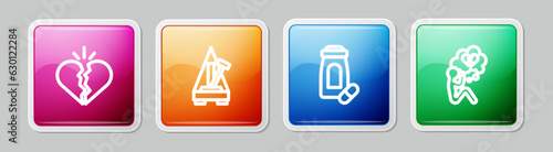 Set line Broken heart or divorce, Metronome with pendulum, Sedative pills and . Colorful square button. Vector