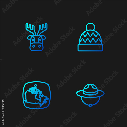 Set line Canadian ranger hat, Canada map, Deer head with antlers and Beanie. Gradient color icons. Vector