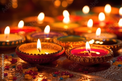 Happy Diwali, Diya lamps are lit during Diwali celebrations, a traditional rangoli design is created. Generative AI. 