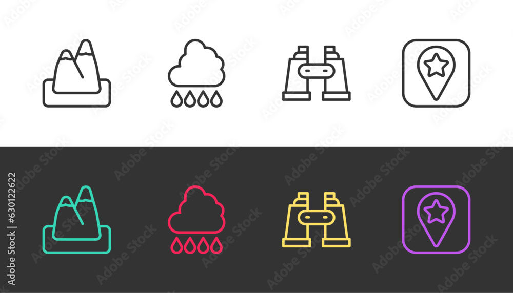 Set line Mountains, Cloud with rain, Binoculars and Location for camping on black and white. Vector Set line Mountains, Cloud with rain, Binoculars and Location for camping on black and white. Vector