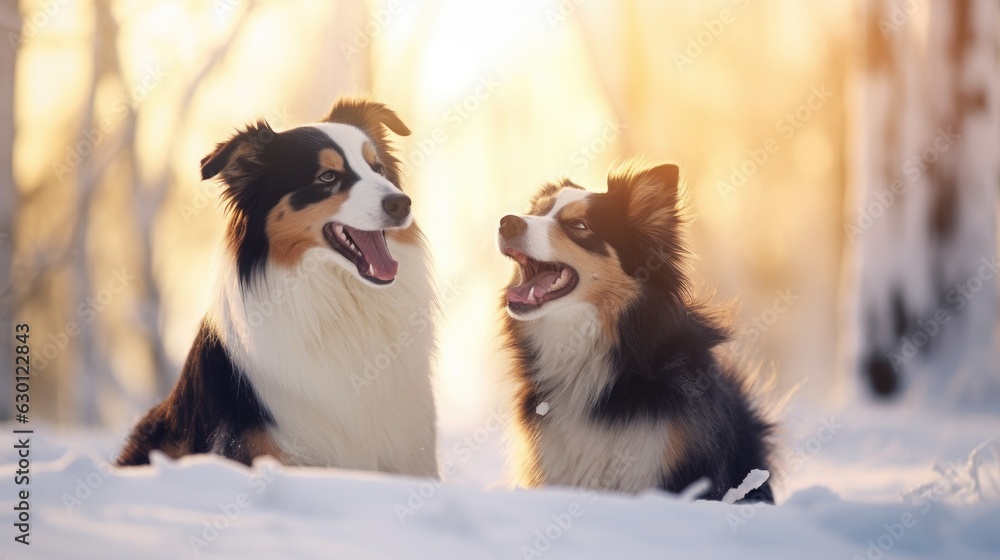 Two happy australian shepherd dogs playing in the snow in a beautiful winter landscape at sunset