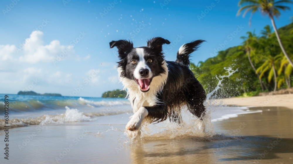 Cute happy border collie dog is running on a tropical beach through the splashing water