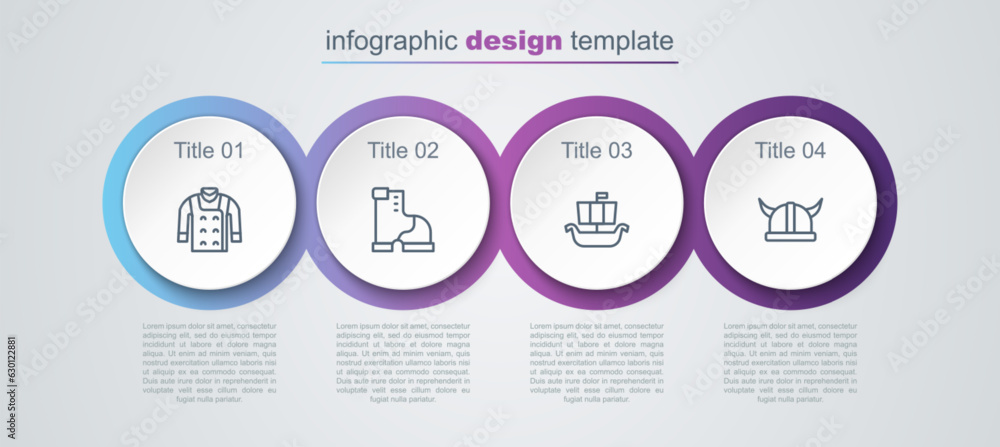 Set line Sweater, Winter warm boot, Viking ship Drakkar and horned helmet. Business infographic template. Vector