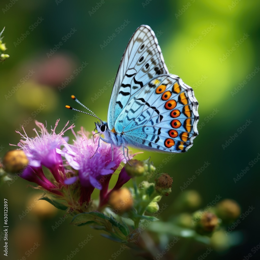 Macro of a beautiful colourful butterfly sitting on a violet flower blossom Macro of a beautiful colourful butterfly sitting on a violet flower blossom