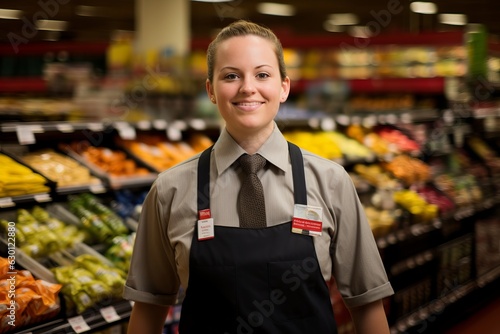 a young cheerful female in a grey shirt, tie and apron working as a sales assistant in a grocery shop, studio light. Generative AI technology photo