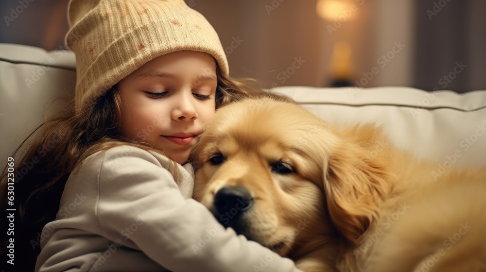 Cute little girl cuddeling with a  golden retriever dog puppy on a cozy sofa