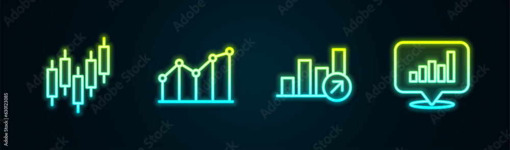 Set line Browser with stocks market, Pie chart infographic, Financial growth and . Glowing neon icon. Vector Set line Browser with stocks market, Pie chart infographic, Financial growth and . Glowing neon icon. Vector
