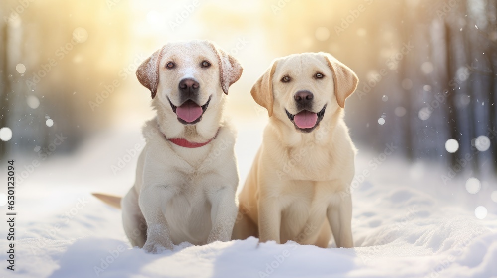Two happy labrador dogs sitting in the snow on a beautiful winter day at sunrise