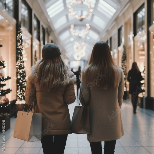 Christmas shopping.girlfriends with purchases go through the mall.back view. 