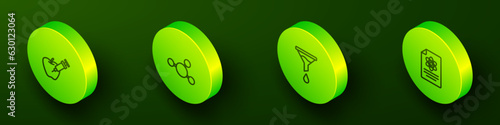 Set Isometric line Genetically modified apple, Molecule, Funnel or filter and Chemistry report icon. Vector