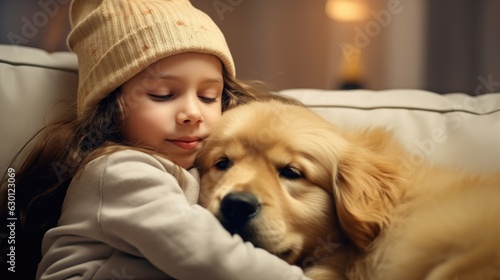 Cute little girl cuddeling with a golden retriever dog puppy on a cozy sofa