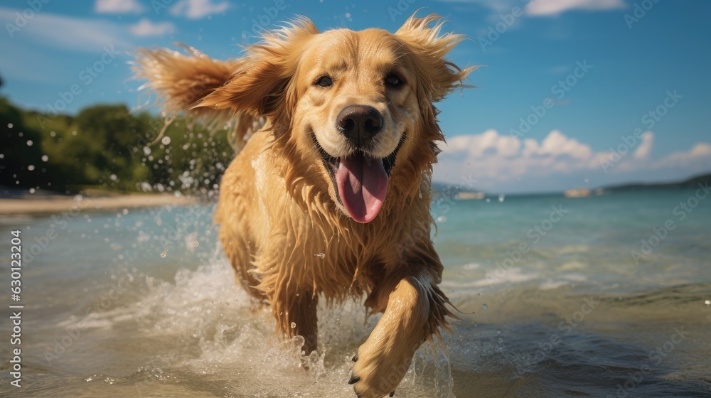 Happy golden retriever dog running on a tropical beach in the water of the sea on a beautiful sunny summer day