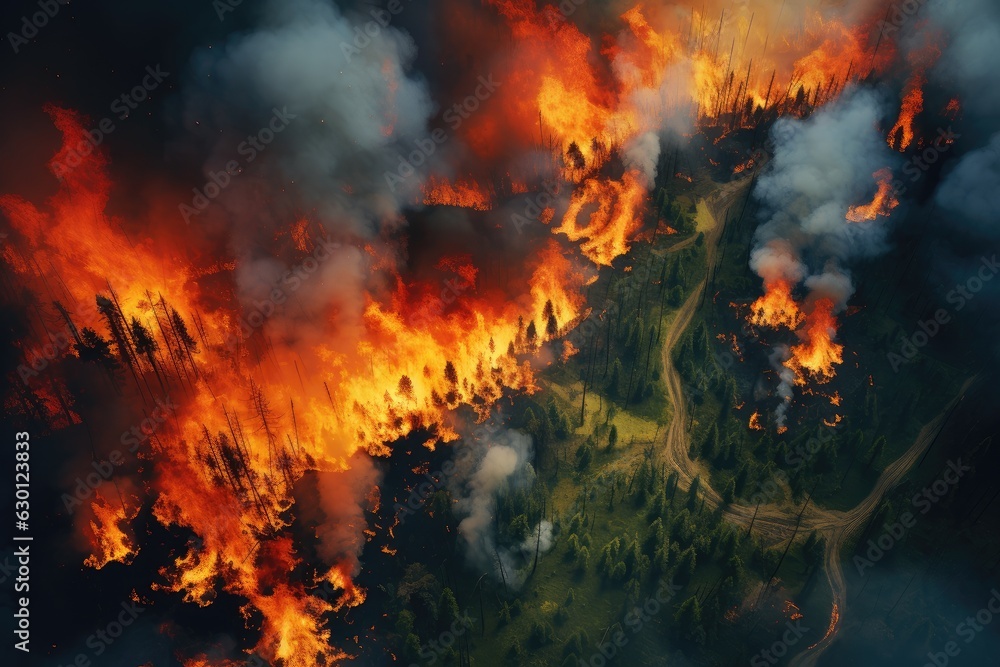 Aerial view of a burning forest. Wildfire, global warming and climate change concept. Generative AI