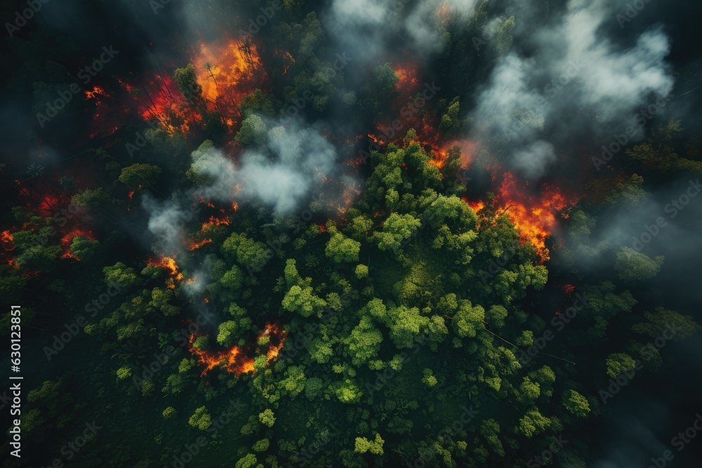 Aerial view of a burning forest. Wildfire, global warming and climate change concept. Generative AI Aerial view of a burning forest. Wildfire, global warming and climate change concept. Generative AI