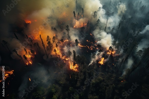 Aerial view of a burning forest. Wildfire, global warming and climate change concept. Generative AI