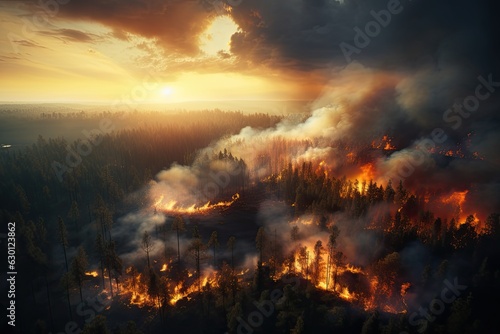 Aerial view of a burning forest. Wildfire  global warming and climate change concept. Generative AI