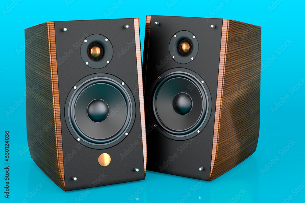 Fototapeta premium Musical Speakers on blue background, 3D rendering