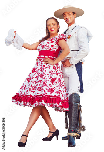 Fototapete portrait young latin american adult couple posing dressed with traditional cueca