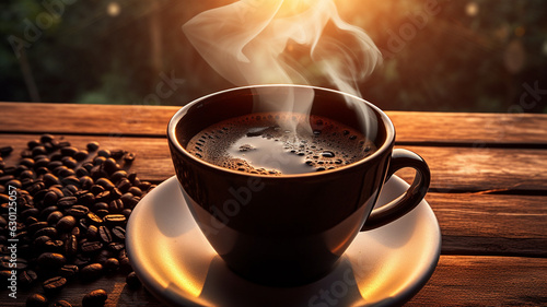 hot coffee in a mug with steam and coffee beans