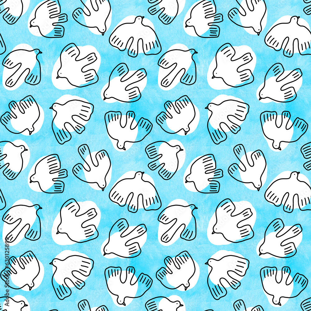 Blob shapes abstract birds seamless pattern. Line art doves flying in the blue sky Blob shapes abstract birds seamless pattern. Line art doves flying in the blue sky