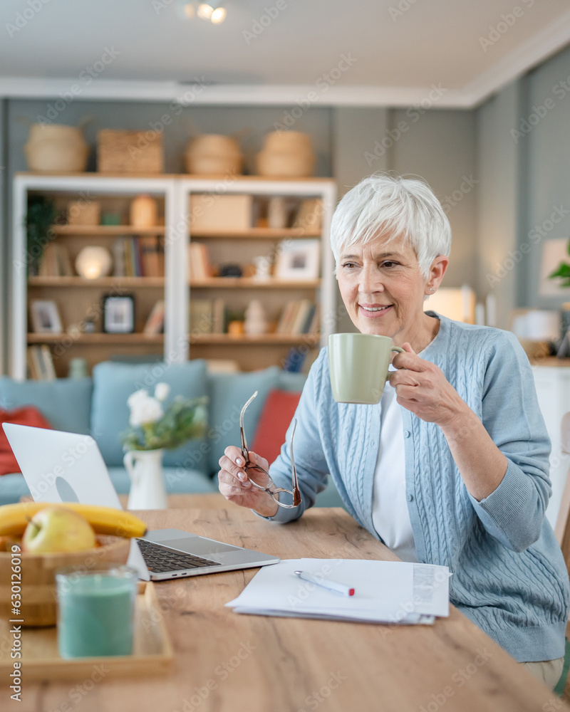 Senior caucasian woman use laptop computer at home for work Senior caucasian woman use laptop computer at home for work